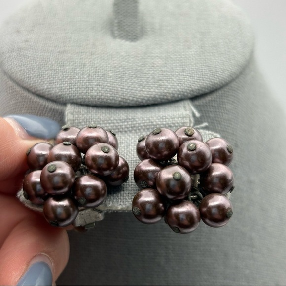 Vintage Brown Bronze Cluster Bobble Dangle Large Clip On Earrings - Picture 2 of 6